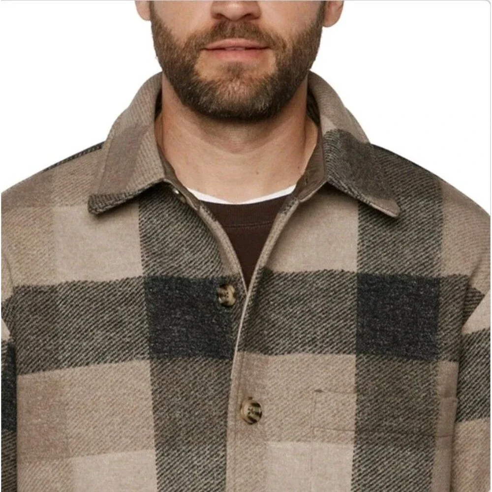 Banana Republic Heavyweight Shacket Tan Brown Plaid Button Shirt Jacket Men's M